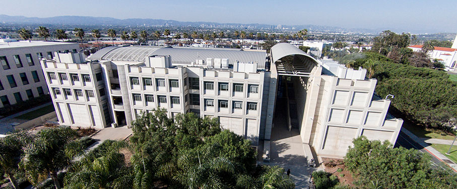 Aerial view of The Hilton Center for Business with Los Angeles and the mountains in the distance