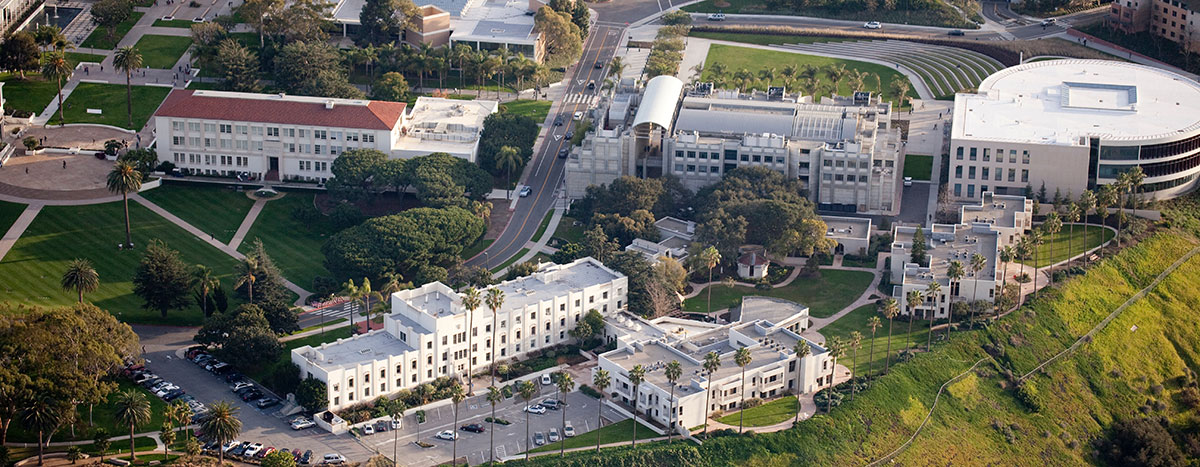 Aerial view of The Hilton Center for Business and adjacent buildings on campus
