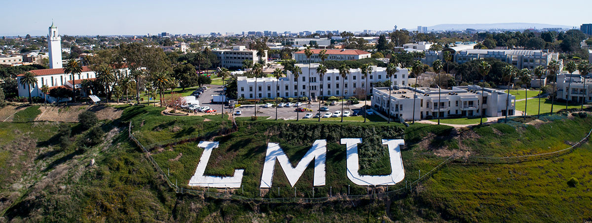 Aerial view of the LMU letters on the bluff
